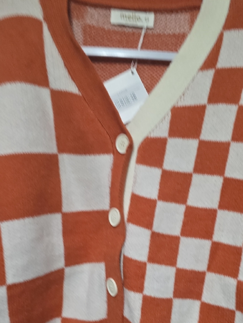 MELLODAY Orange & Cream Checker Knit Cardigan with Denim Sleeves - Picture 4 of 4